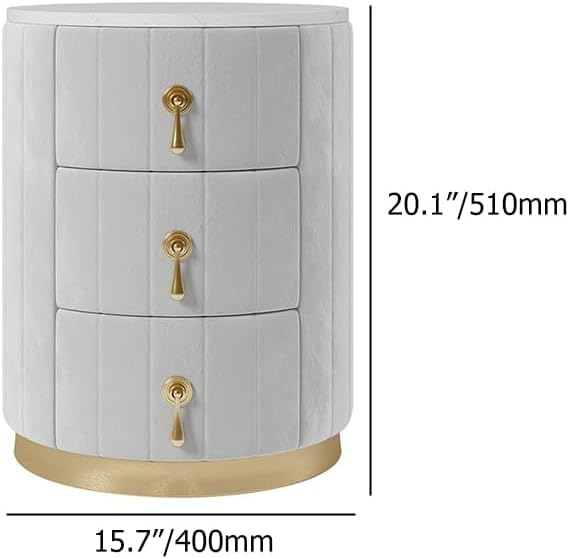 homary Gray Velvet Nightstand with 3 Drawers, Round Bedside Table with Sintered Stone Top, Modern Nightstand with Storage for Bedroom, End Table for Living Room