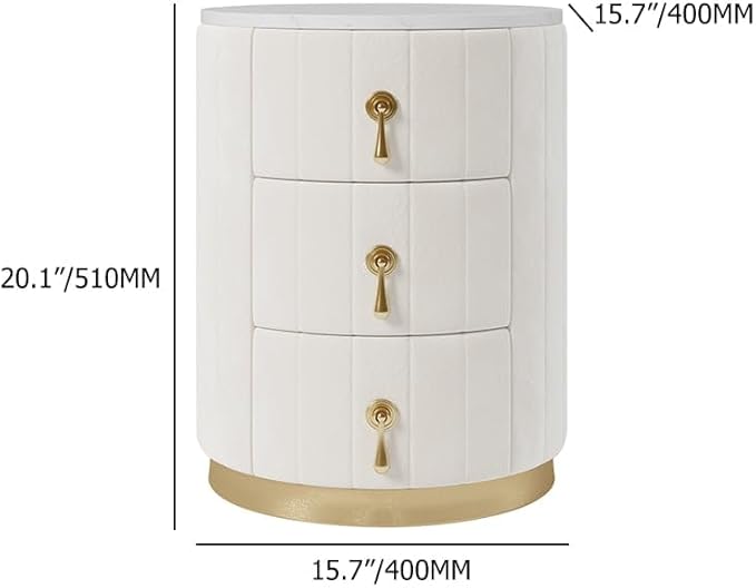 homary White Velvet Nightstand with 3 Drawers, Round Bedside Table with Sintered Stone Top, Modern Nightstand with Storage for Bedroom, End Table for Living Room