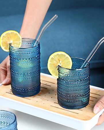Hobnail Drinking Glasses Set of 6,12oz Blue Vintage Glassware,Cocktail Glasses,Embossed Glass Cups,Water Tumbler for Whiskey, Juice and Various Mixed Drinks