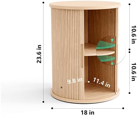 LINSY Round Fluted Nightstand, Mid Century Modern Tall Side Table with Storage, End Table with Sliding Tambour Doors, Adjustable Shelf, Small Wood Bedside Table for Bedroom, Living Room, Oak