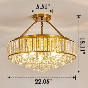 YYJLX 6-Light Modern Large Crystal Chandelier Gold Metal E26 Semi Flush Mount Round Ceiling Light Fixture Ceiling Lamp Farmhouse for Dining Room Living Room Laundry Room Foyer Kitchen Bedroom