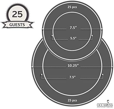 " OCCASIONS " 50 Plates Pack (25 Guests)-Heavyweight Wedding Party Disposable Plastic Plate Set -25 x 10.25'' Dinner + 25 x 7.5'' Salad/dessert plates (Rochelle White and Silver)