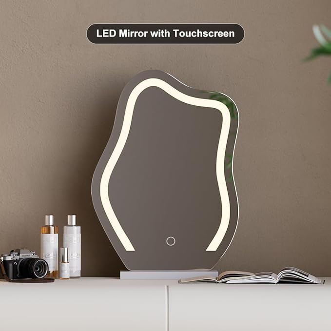 homary White Makeup Vanity Set with LED Mirror and Dressing Stool, Modern PU Leather Dressing Table with Drawers for Bedroom, Ideal for Women Girls (White)