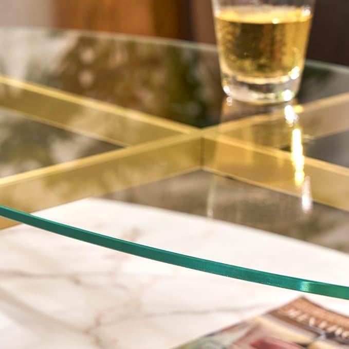 AGV LIGHTING Oval Coffee Table, Mid-Century Modern Coffee Table, Glass Coffee Table, Glod Finish Legs, Thick Tempered Glass Top with White Marble MDF Shelf