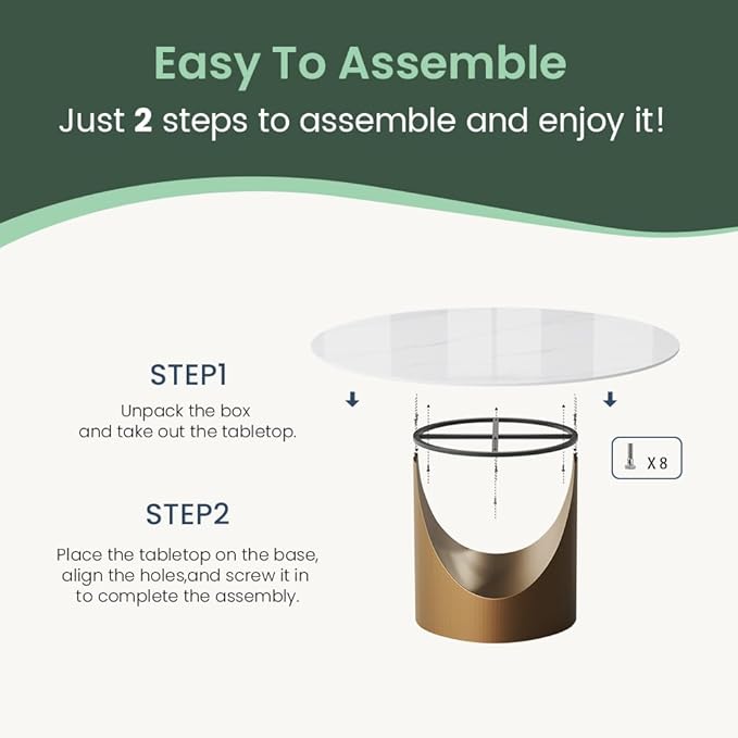 POVISON 59" Round Dining Table for 6, Glossy White Sintered Stone Dining Tabletop with Bronze Carbon Steel Pedestal, Modern Dining Room Table for Living Room, Kitchen (Table ONLY)