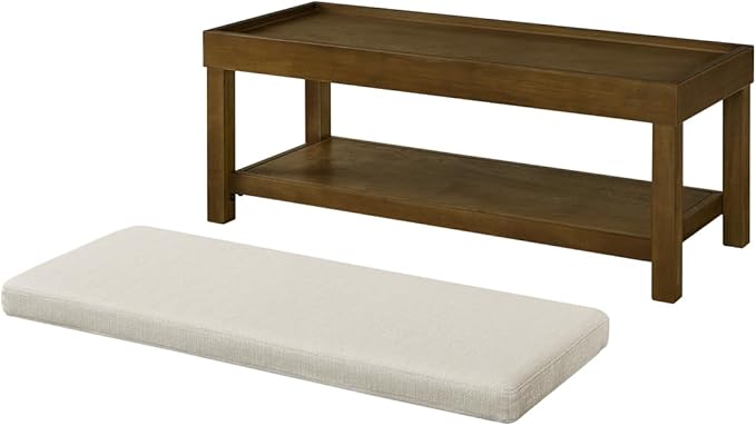 24KF Large Rectangular Storage Bench,Upholstered Seat Cushion,Ottoman Coffee Table with Beige Removable Cushion for Living Room,Entryway Bench Bed Bench with Solid Wood Shelf,5069-Beige