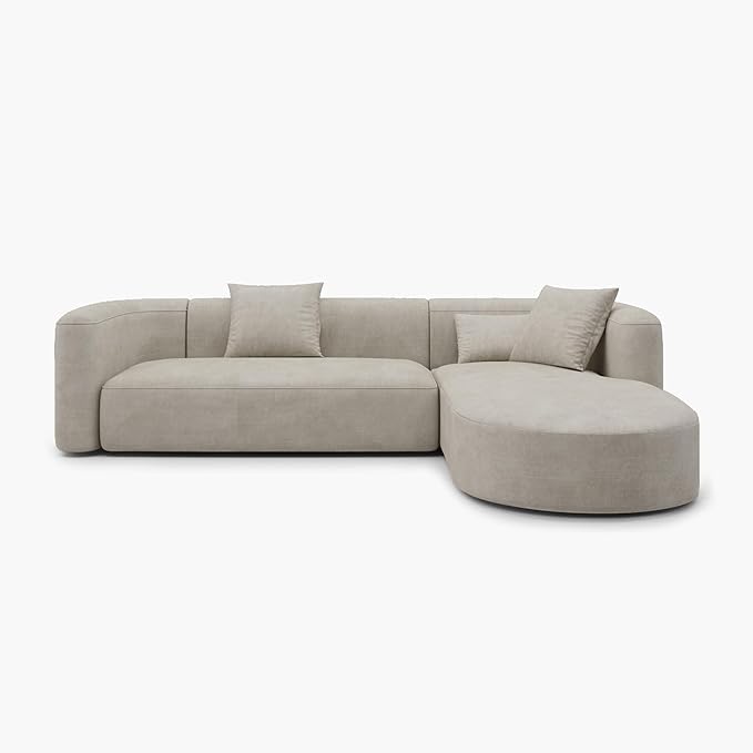 Acanva Luxury Modern Tight Curved Back Velvet Sofa, Minimalist Style Comfy Couch for Living Room Apartment, L-Shape Right Chaise, Cream