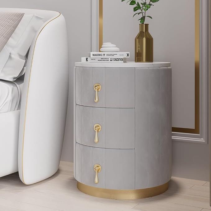 homary Gray Velvet Nightstand with 3 Drawers, Round Bedside Table with Sintered Stone Top, Modern Nightstand with Storage for Bedroom, End Table for Living Room