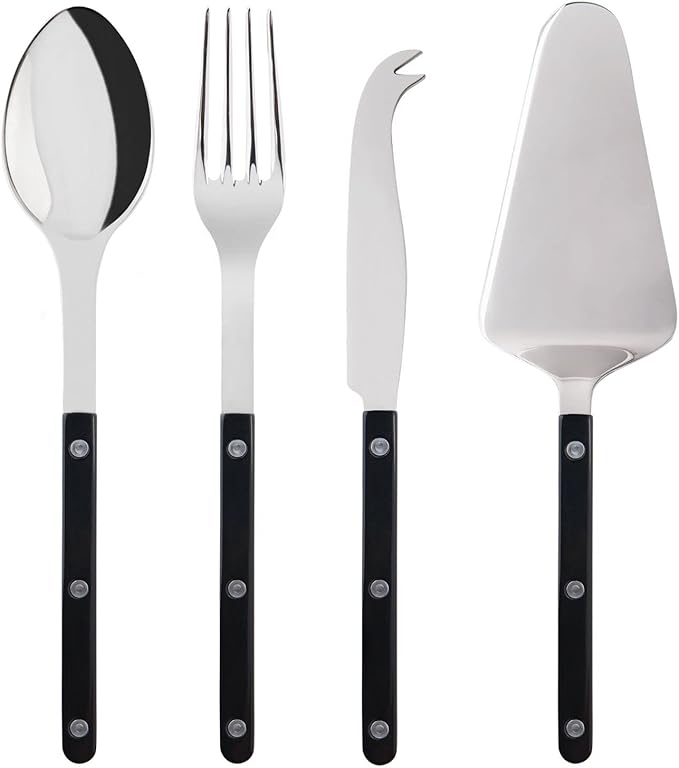 4-Piece Serving Set - Bistrot Collection - 2 Serving Flatware, Serrated Pie Server, Large Cheese Knife - Stainless Steel & Nylon - Dishwasher Safe - Black - Brilliant Finish