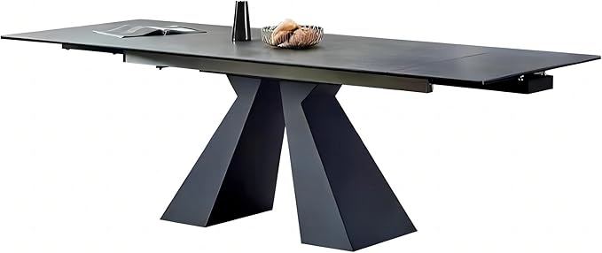 Extendable Dining Table for 8-12 Seat Flexible Stretch Tabletop Made from Sintered stone Tempered Glass Solid Carbon Steel Base, Dark Grey