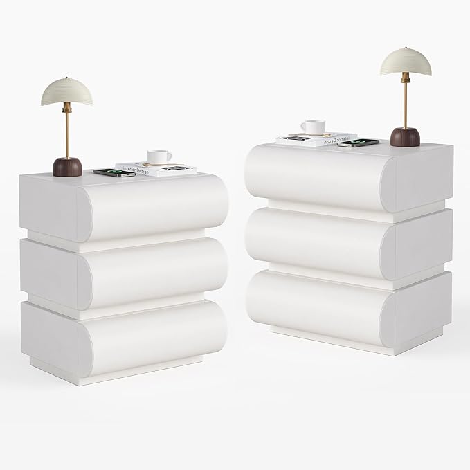 homary 3-Drawer Smart Nightstands Set of 2 with Wireless Charging Station, USB & Type-C Ports, Faux Leather White Night Stands Modern Bedside Tables for Bedroom Storage, Fully Assembled