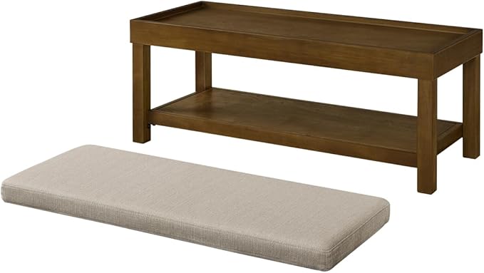 24KF Large Rectangular Storage Bench,Upholstered Seat Cushion,Ottoman Coffee Table with Linen Removable Cushion for Living Room,Entryway Bench Bed Bench with Solid Wood Shelf,5069-Linen