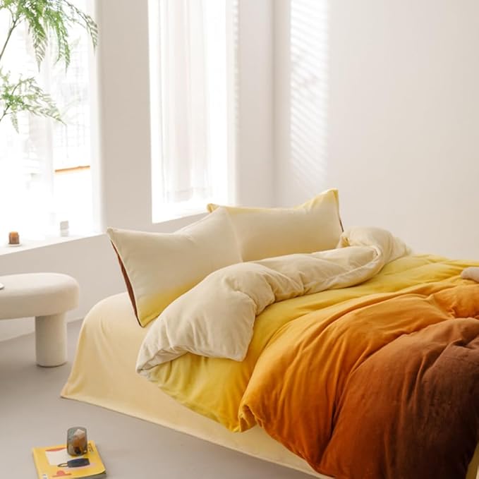 CLOTHKNOW Dark Orange Yellow Fluffy California King Comforter Set Vlevet Bedding Comforter Sets Dark Yellow Comforters with 2 x Pillow Cases