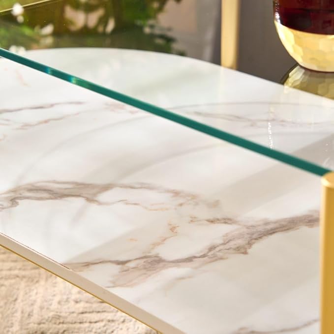 AGV LIGHTING Oval Rectangle Coffee Table with Clear Glass Top, Modern Coffee Table, White Marble MDF Shelf and Glod Metal Legs, Capsule Shape 2 Tier Coffee Table for Living Room, 42 Inch