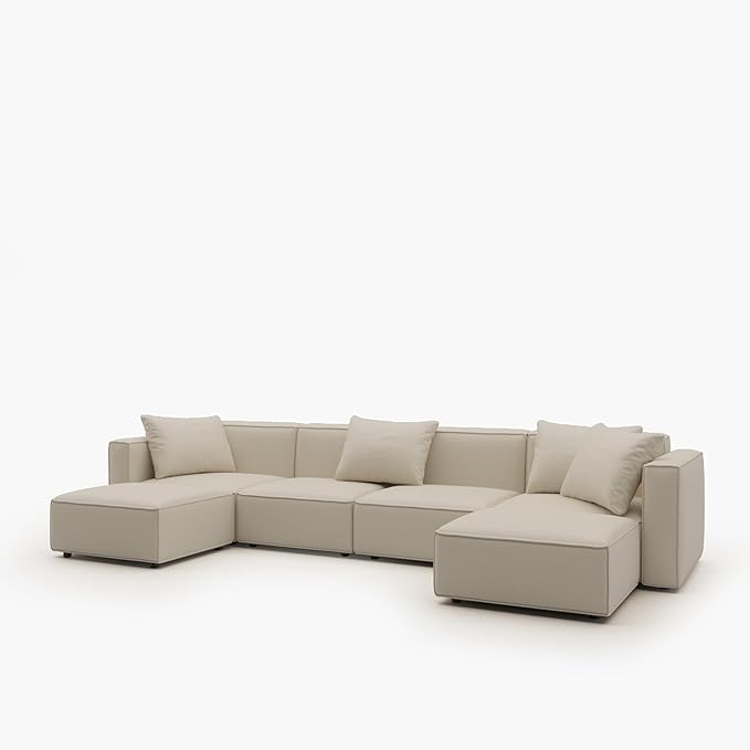 Acanva Luxury Modular Sectional Couch with Moveable Ottoman and Chaise, Modern Minimalist Style Sofa for Living Room, Apartments, U-Shape, Vegan Leather Cream