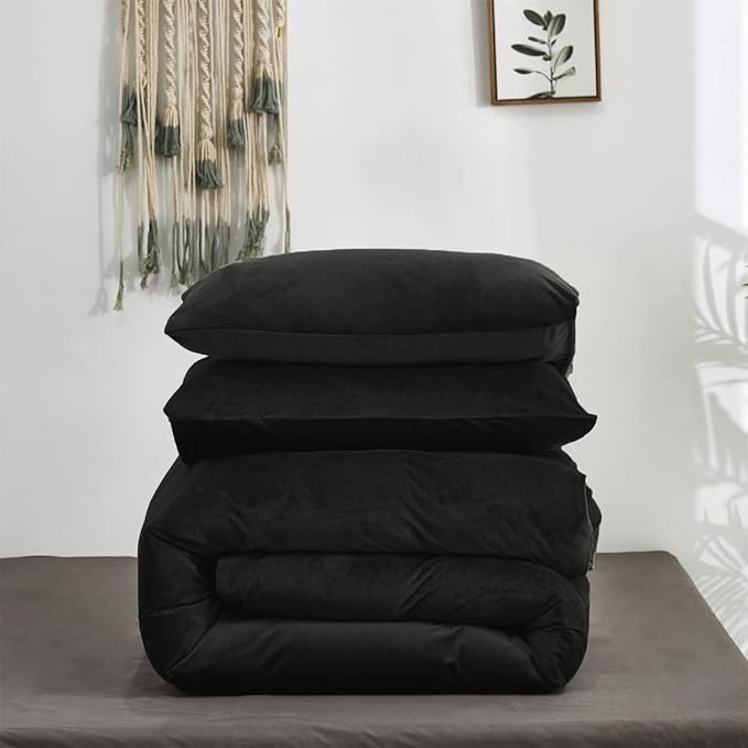 Pureant Black Fluffy Comforter Set Full Solid Velvet Bedding Comforters Plain Flannel Bed Quilts Women Men Modern All Soft Cozy Blankets Micromink Sherpa Health,Full(80''*90''-Comforter)