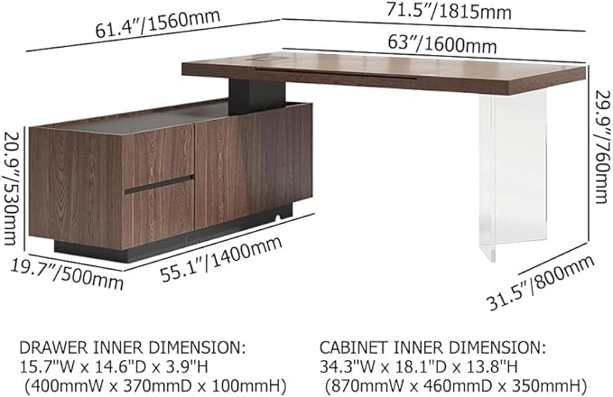 homary 71.5" Modern L-Shaped Desk, Home Executive Office Desk with Lift-Top & Storage Cabinet Walnut Productivity & Ergonomic Comfort Standing Desk for Study, Home Office, Office