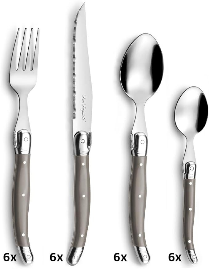 Amefa Lou Laguiole Tradition 24-Piece Vintage Taupe Stainless Steel Polypropylene Silverware Flatware Utensils Set - Silverware Set - Stainless Steel Flatware