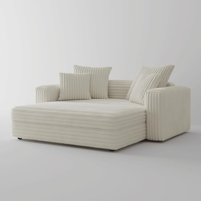 Acanva Oversized Cozy Chaise Indoor with Removable Ottoman, Modern Upholstered Fluffy Sleeper Sofa Bed, Comfy Reclining Couch for Living Room, Bedroom, White