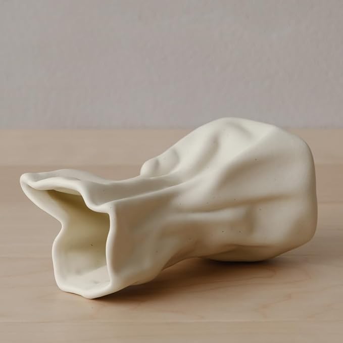 Grab Paper Bag Ceramic Vase, Crinkle Paper Bag Design for Flower Arrangement, Living Room, Dinner Table Decoration Matte Crème