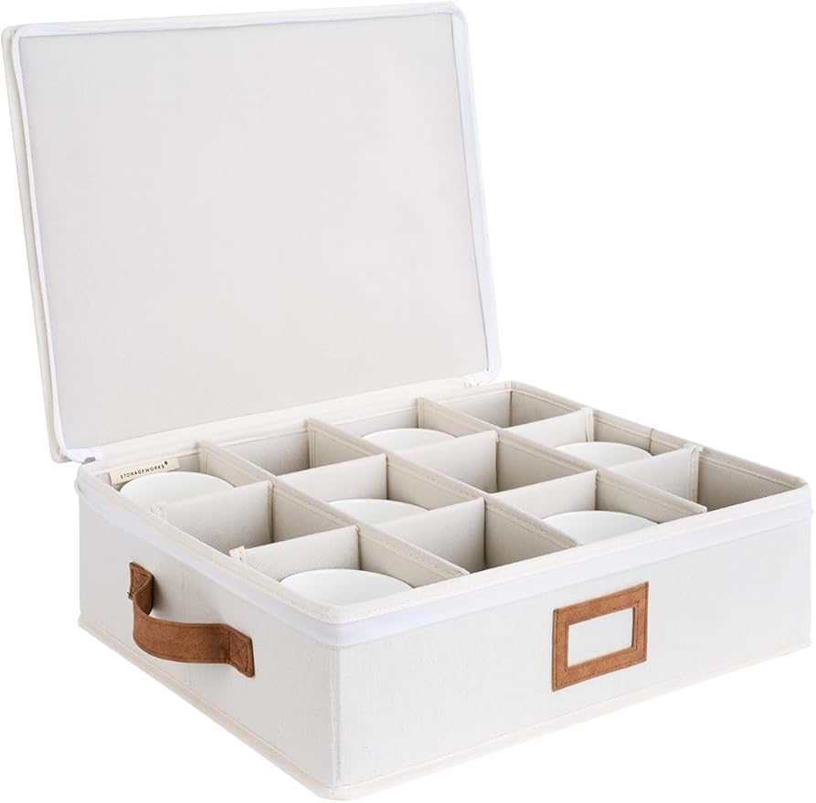StorageWorks China Storage Container, Stackable Mug Storage Box with Dividers, Stemware Storage Cases, Hard Shell China Cup Organizer, Holds 12 Tea Cups and Coffee Mug, 1 Pack, Beige
