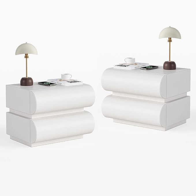 homary 2-Drawer Smart Nightstands Set of 2 with Wireless Charging Station, USB & Type-C Ports, Faux Leather White Night Stands Modern Bedside Tables for Bedroom Storage, Fully Assembled