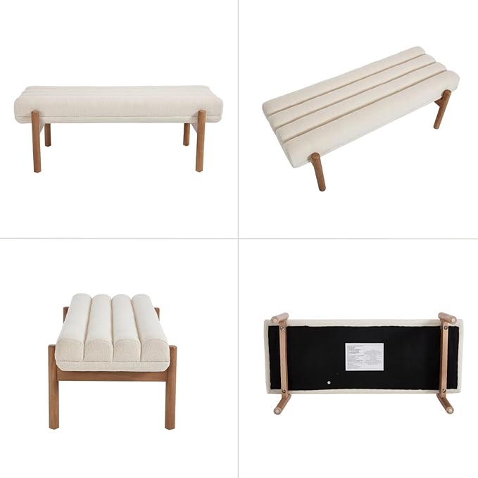 47" Modern Upholstered End of Bed Bench, Beige Chenille Channel Tufted Entryway Bench with Wood Legs, Comfy Bedroom Bench Long Ottoman for Living Room Hallway Vanity Room