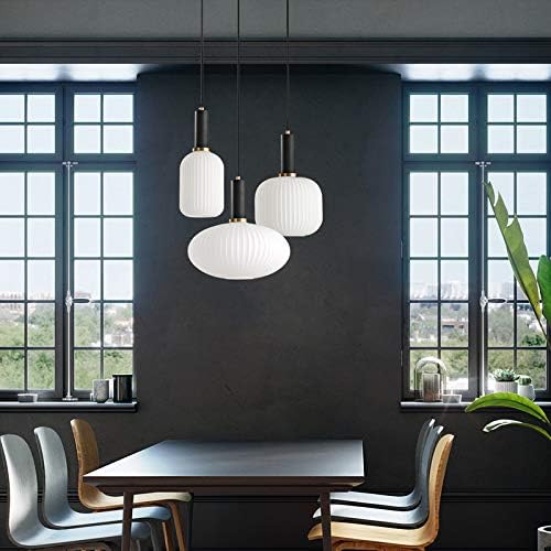 Modern Pendant Lights, Black Lamp Holder Pendant Light Socket White Glass Pendant Lamp Shade,LED Hanging Light (Black, Large)