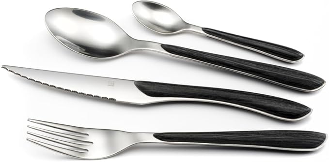 Amefa Eclat Nature 24-Piece Black Wood Pattern Handle Stainless Steel Flatware & Silverware Set for 6-18/0 Knife Set with Steak Knives, Forks & Spoons - Dishwasher Safe - Black Silverware - Cutlery