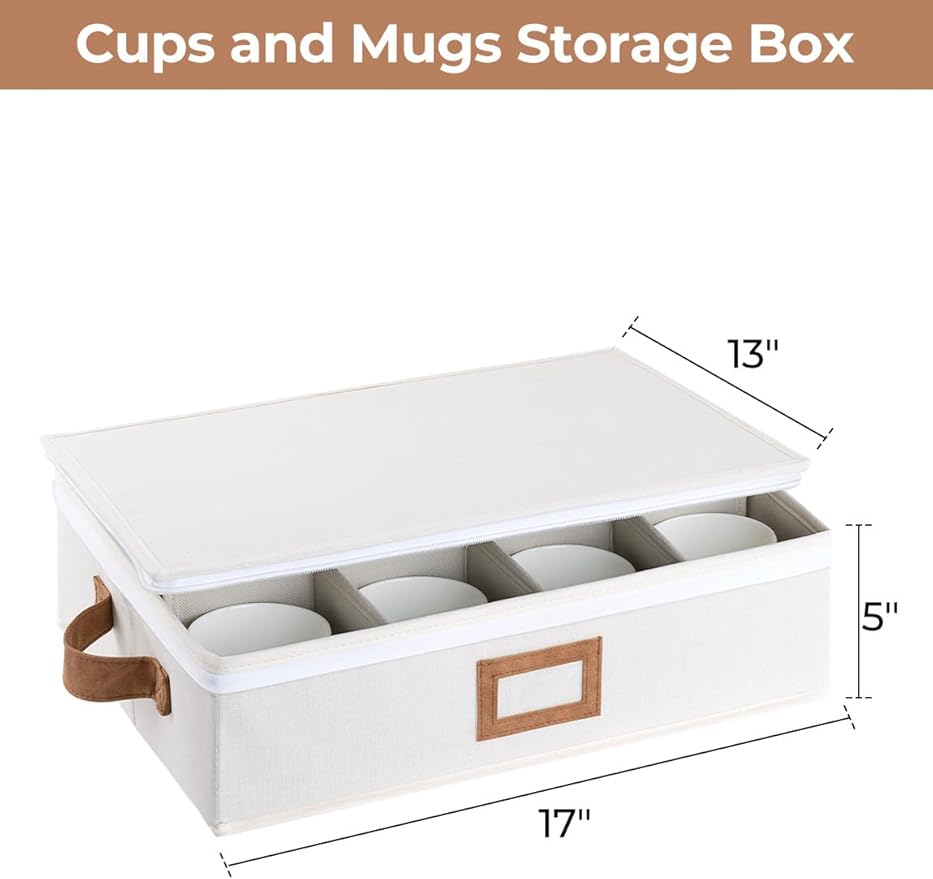 StorageWorks China Storage Container, Stackable Mug Storage Box with Dividers, Stemware Storage Cases, Hard Shell China Cup Organizer, Holds 12 Tea Cups and Coffee Mug, 2 Pack, Beige
