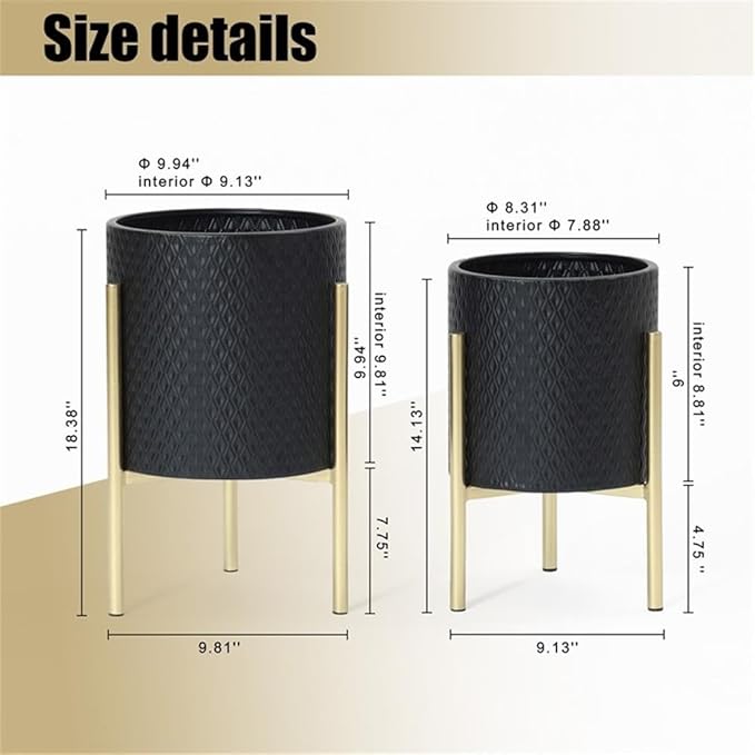 LuxenHome 2-Piece Diamond Pattern Round Metal Cachepot Planter Set, Black Planter with Gold Stands Set of 2 Indoor Plant Pots Large Floor Plant Pot for Plants, NOT Waterproof