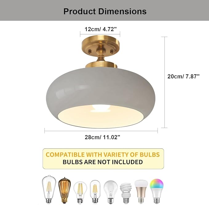 Mid Century Modern Semi Flush Mount Ceiling Light, Gold Kitchen Ceiling Light Fixture with Glass Shade, Grey Close to Ceiling Lamp Mini for Entryway Hallway Bathroom