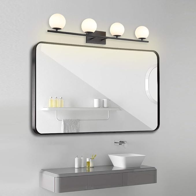 New Bathroom Vanity Light Fixtures Matte Black Milk White Globe Glass Shade 4 Lights Modern Wall Bar Sconce Over Mirror(4 lights-35.43inch)