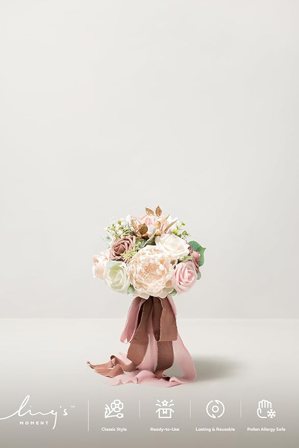 Ling's moment Artificial Flowers Pink Bridesmaid Bouquet, Dusty Rose Wedding Flowers Bouquets for Bridesmaids, 7 Inch Bridal Bouquets for Bridesmaids, Wedding, Ceremony, Anniversary, etc