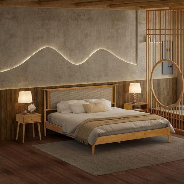 NTC Ruby Wooden Bed Frame with Headboard and Natural Rattan, Solid Oak/Rubber Wood Foundation with Silent Slats, 1000 Lb Capacity, Effortless Assembly (Natural Cane - Rustic Oak, King)