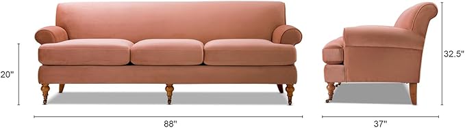 Jennifer Taylor Home Alana Lawson Three-Cushion Tightback Sofa, Peach Orange Velvet, 3-Seat