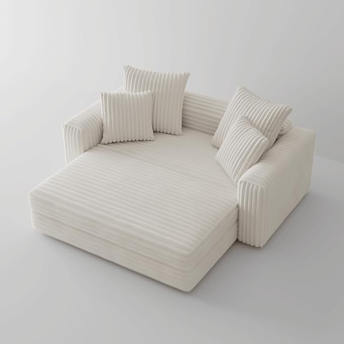 Acanva Oversized Cozy Chaise Indoor with Removable Ottoman, Modern Upholstered Fluffy Sleeper Sofa Bed, Comfy Reclining Couch for Living Room, Bedroom, White