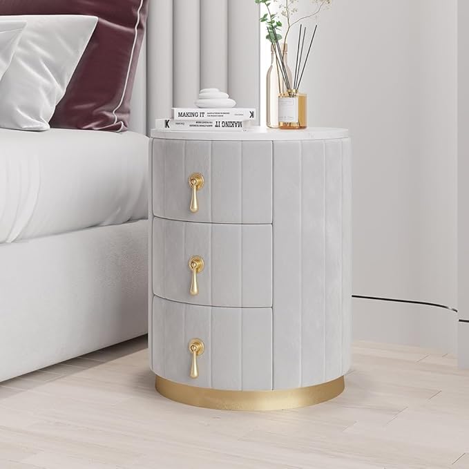 homary Gray Velvet Nightstand with 3 Drawers, Round Bedside Table with Sintered Stone Top, Modern Nightstand with Storage for Bedroom, End Table for Living Room