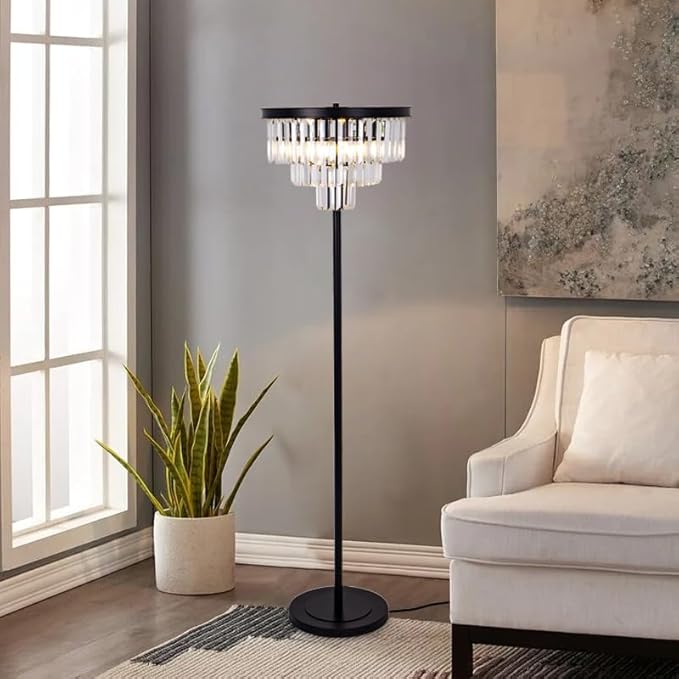 Wellmet 4 Lights Black Floor Lamp, Modern 3 Tiers Crystal Standing Lamp for Living Room Bright Lighting, Elegant Tall Crystal Floor Lamp with Foot Switch for Reading Room, Bedroom, Office (E12 Base)