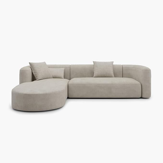 Acanva Luxury Modern Tight Curved Back Velvet Sofa, Minimalist Style Comfy Couch for Living Room Apartment, L-Shaped Sectional with Left Chaise, Cream