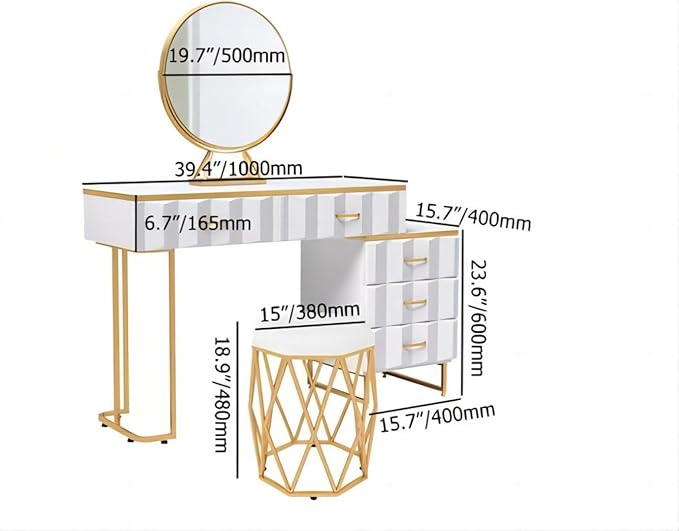 Modern White Extendable Makeup Vanity 5 Drawers Dressing Table Set with Stool and Looking Glass