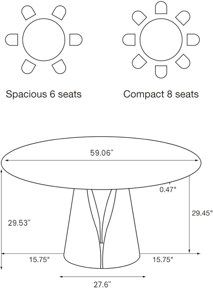 POVISON 59" Round Dining Table for 6, Glossy White Sintered Stone Dining Tabletop with Black Carbon Steel Base, Circle Kitchen Table for Dining Room (Table Only)
