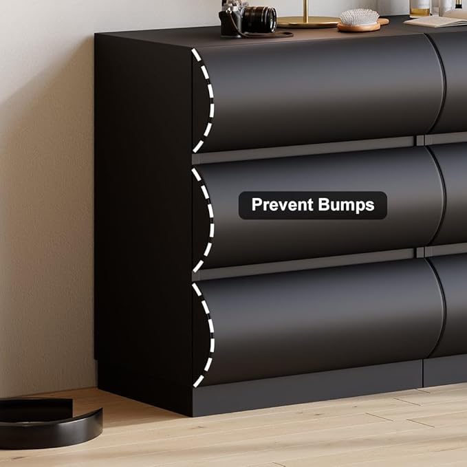 homary Black 3 Piece Bedroom Sets 6 Drawers Dresser and Smart Nightstands Set of 2 with Wireless Charging USB, Faux Leather Chest of Drawers Storage Drawers 3Pcs