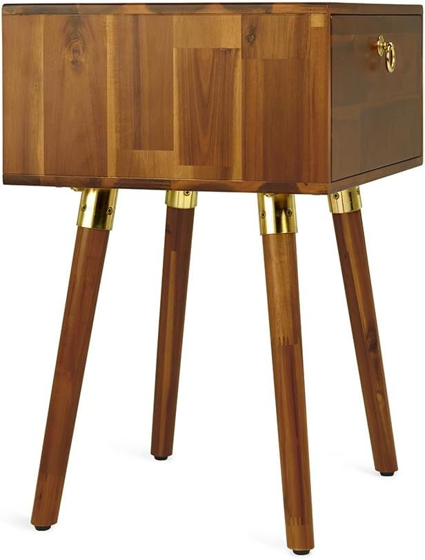 Bme Alden Solid Wood Bedside Table End Table with 1 Drawer for Mid Century Bedroom and Living Room, Caramel