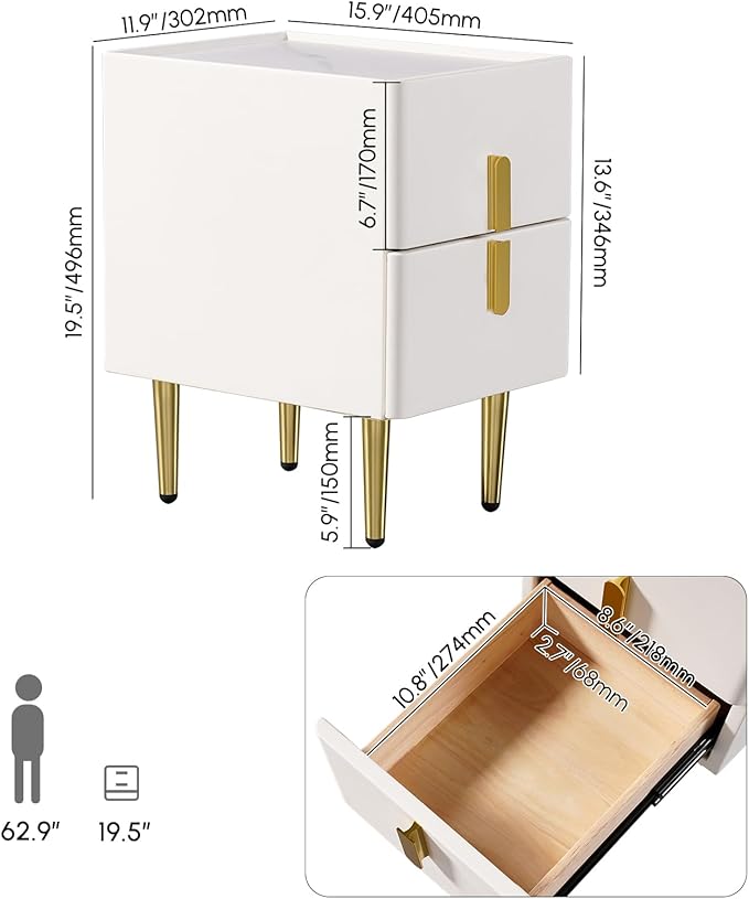 homary Modern Narrow Night Stand, Off White Nightstand with 2 Drawer, Beige Bedside Table in Gold Legs for Bedroom