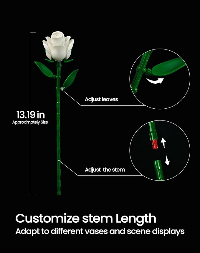 iATOM White Rose Bouquet Building Set, Compatible with Lego Flowers for Adults Women, Artificial Wedding Flowers Home Decor - Botanical Collection Gift for Valentines & Mother's Day - IA11013