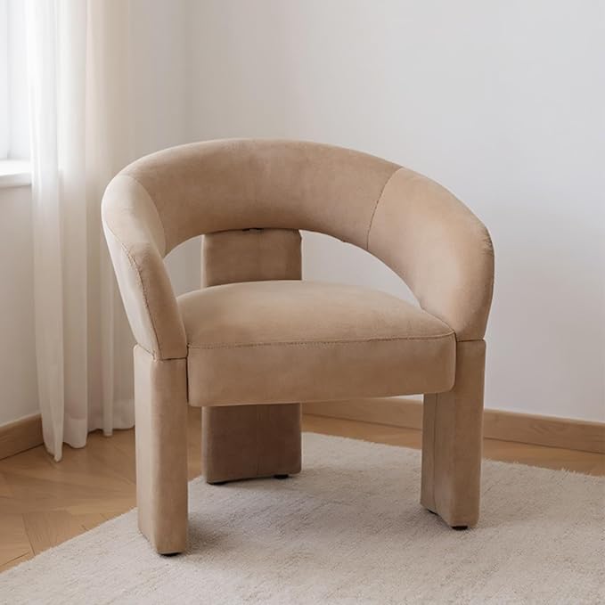 Modern Accent Chair Khaki Velvet Round Barrel Armchair Comfy Upholstered Lounge Chair for Living Room Bedroom Reading Chair Vanity Chair Comfy Office Waiting Room Chairs