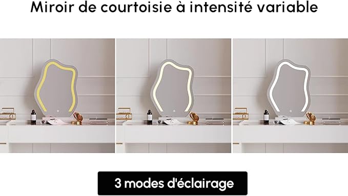 homary Vanity Desk Set with LED Looking Glass, Makeup Vanity with Power Outlet and Tempered Glass Top, Makeup Table with 6 Drawers, 3 Lighting Modes Vanity Table with Chair for Bedroom (White)