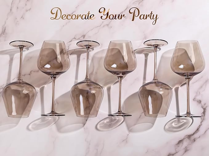 Physkoa 2025 Trendy Mocha Mousse Color Wine Glasses Set 6-18oz Long Stem Amber Smokey Wine Glasses-Hand Blown Mocha Stemware for Home Party