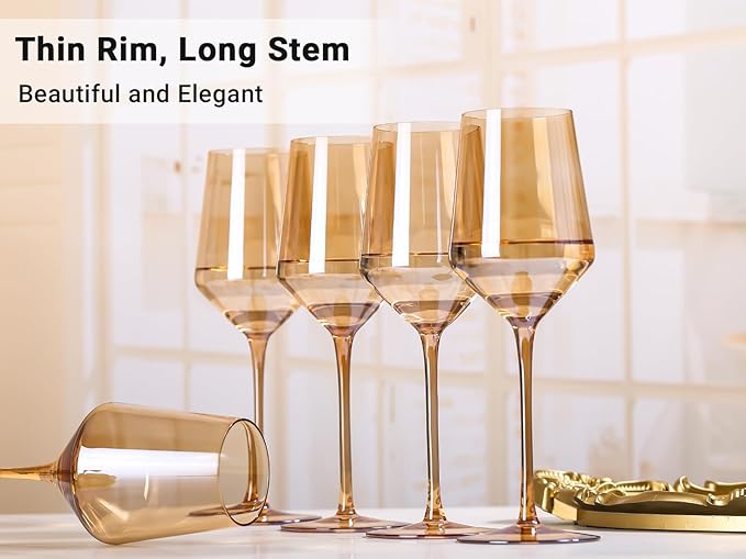 Physkoa Brown/Amber Wine Glasses Set of 6-15oz Hand Blown Crystal Colored Wine Glasses with Long Stem, Wedding, Birthday, Valentines Day Glassware
